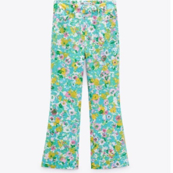 Zara NWT Printed Linen Blend Flared Trousers Green Blue Pink Floral Print Size 4 - Picture 4 of 16